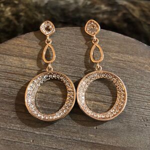 Round Glamour Earrings, Dangle Drop Rose Gold Colored Earrings w/Rhinestones